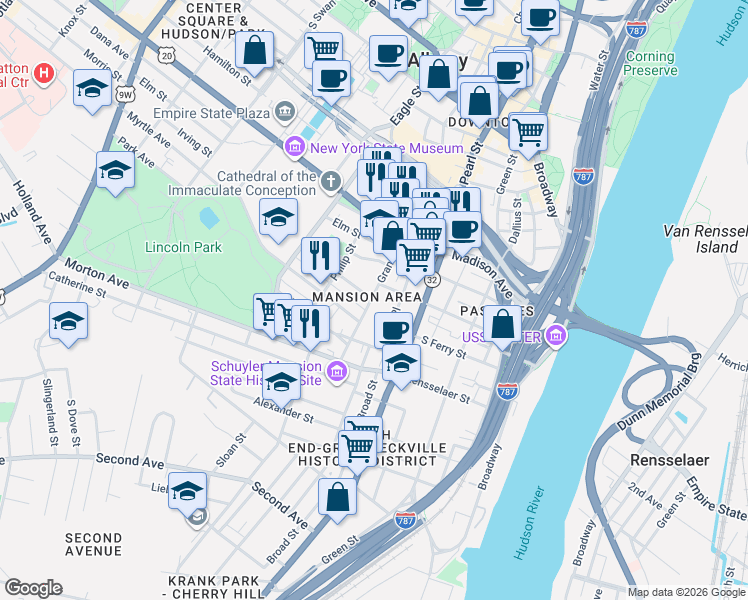 map of restaurants, bars, coffee shops, grocery stores, and more near 150 Grand Street in Albany