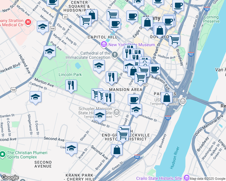 map of restaurants, bars, coffee shops, grocery stores, and more near 15 Warren Street in Albany