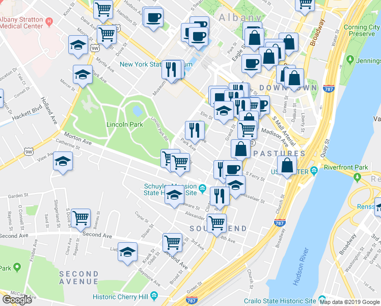 map of restaurants, bars, coffee shops, grocery stores, and more near 18 Warren Street in Albany