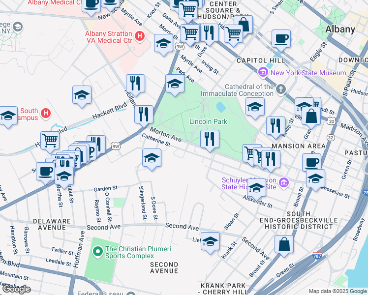 map of restaurants, bars, coffee shops, grocery stores, and more near 236 South Swan Street in Albany