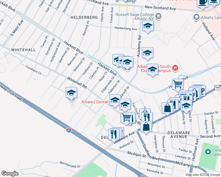 map of restaurants, bars, coffee shops, grocery stores, and more near 15 Fullerton Street in Albany