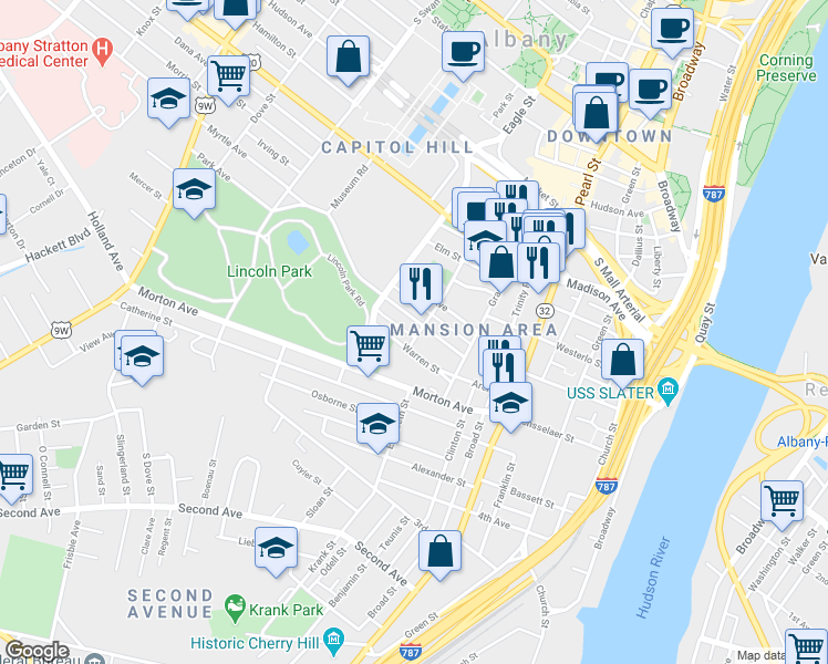 map of restaurants, bars, coffee shops, grocery stores, and more near 117 Philip Street in Albany