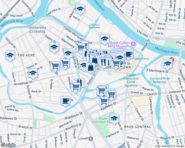 map of restaurants, bars, coffee shops, grocery stores, and more near in Lowell
