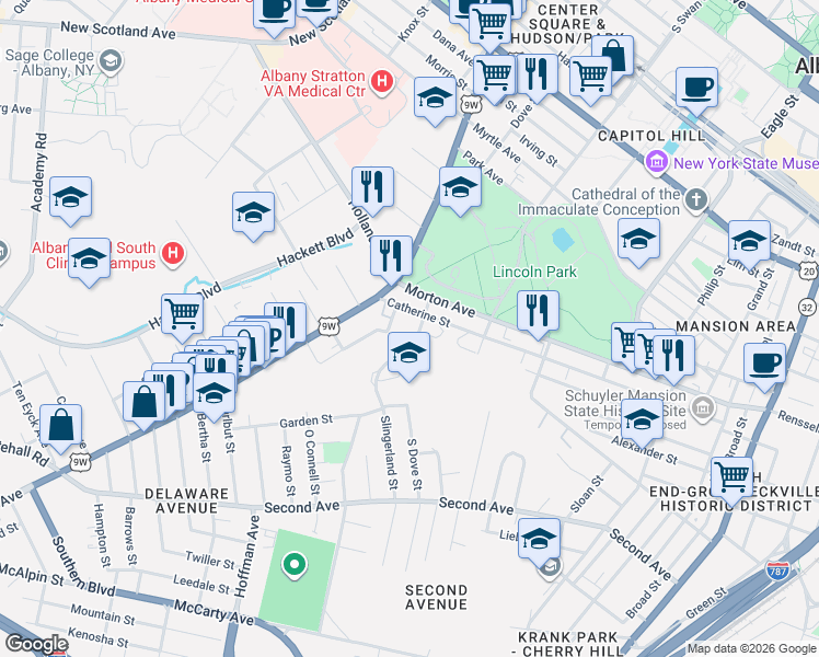 map of restaurants, bars, coffee shops, grocery stores, and more near 125 Slingerland Street in Albany