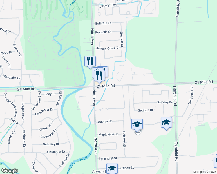map of restaurants, bars, coffee shops, grocery stores, and more near 46900 North Avenue in Macomb