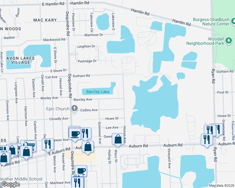 map of restaurants, bars, coffee shops, grocery stores, and more near 2466 Barclay Avenue in Macomb County