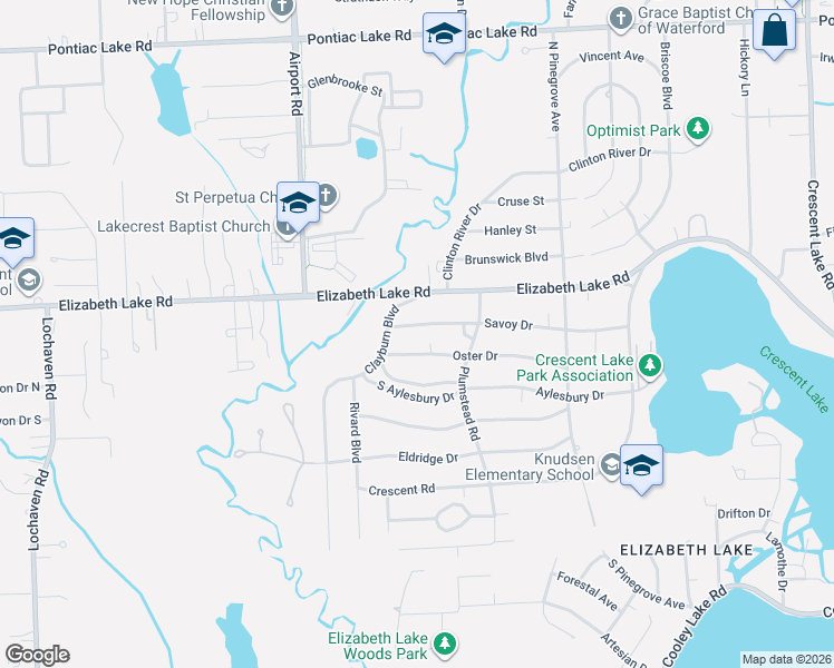 map of restaurants, bars, coffee shops, grocery stores, and more near 5811 Oster Drive in Waterford Township