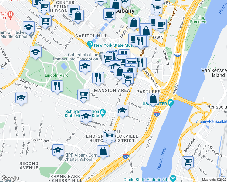 map of restaurants, bars, coffee shops, grocery stores, and more near Myrtle Ave & Grand St in Albany