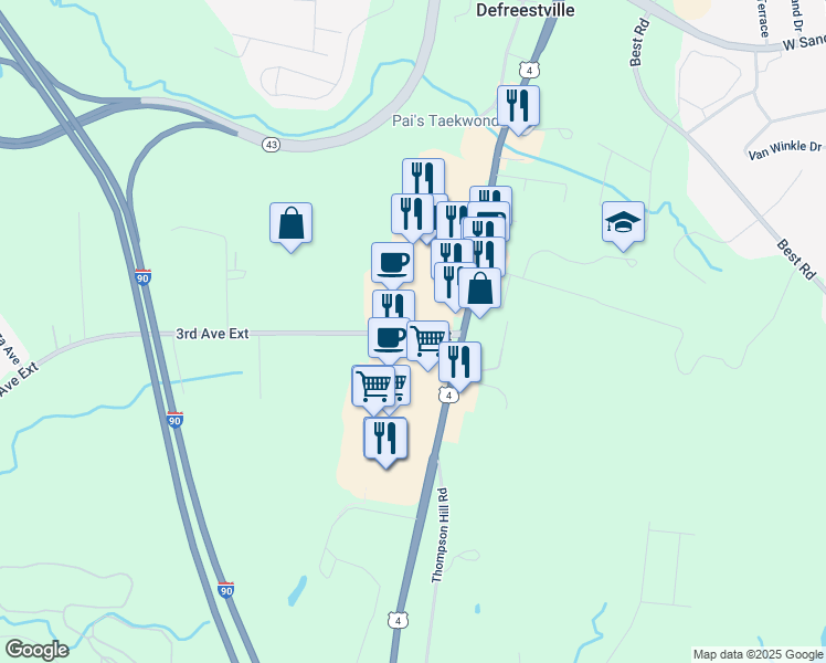 map of restaurants, bars, coffee shops, grocery stores, and more near 625 3rd Avenue in Rensselaer