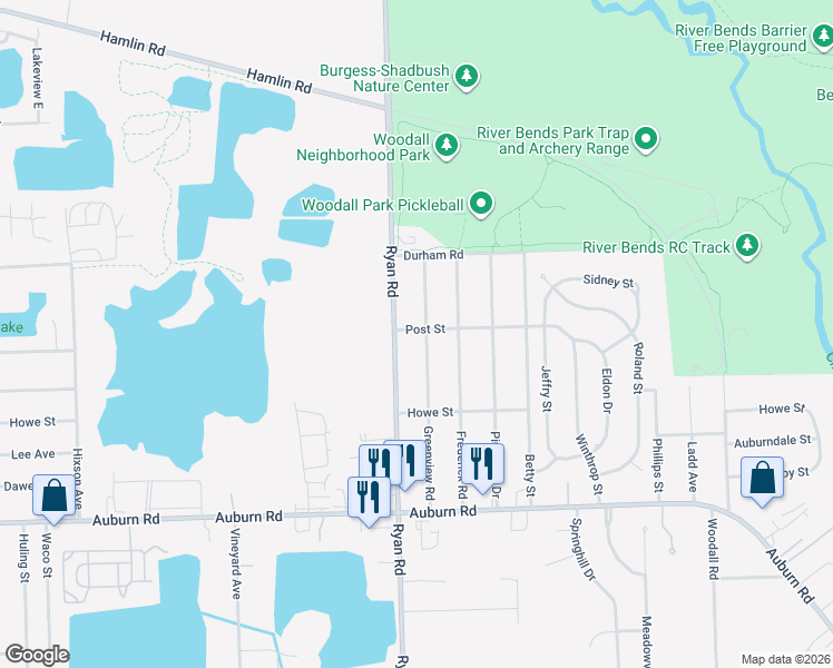 map of restaurants, bars, coffee shops, grocery stores, and more near 47521 Greenview Road in Macomb County