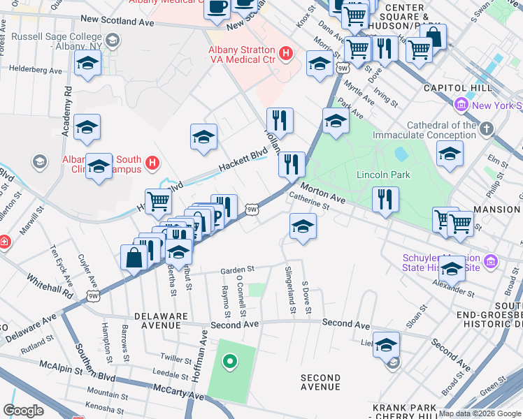 map of restaurants, bars, coffee shops, grocery stores, and more near 205 Delaware Avenue in Albany