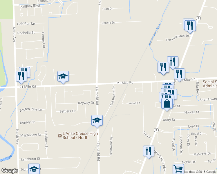 map of restaurants, bars, coffee shops, grocery stores, and more near 24374 21 Mile Road in Macomb