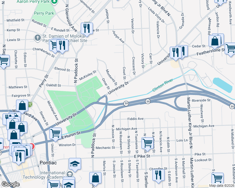 map of restaurants, bars, coffee shops, grocery stores, and more near 13 Maynard Court in Pontiac