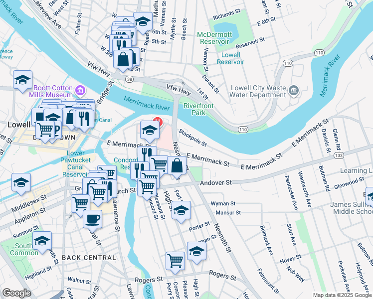 map of restaurants, bars, coffee shops, grocery stores, and more near 215 Stackpole Street in Lowell