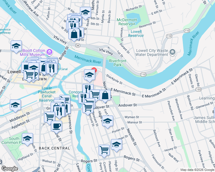 map of restaurants, bars, coffee shops, grocery stores, and more near 59 Bartlett Street in Lowell