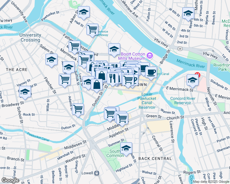 map of restaurants, bars, coffee shops, grocery stores, and more near 25 Shattuck Street in Lowell