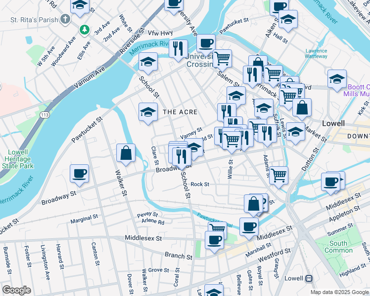 map of restaurants, bars, coffee shops, grocery stores, and more near 157 Mount Vernon Street in Lowell