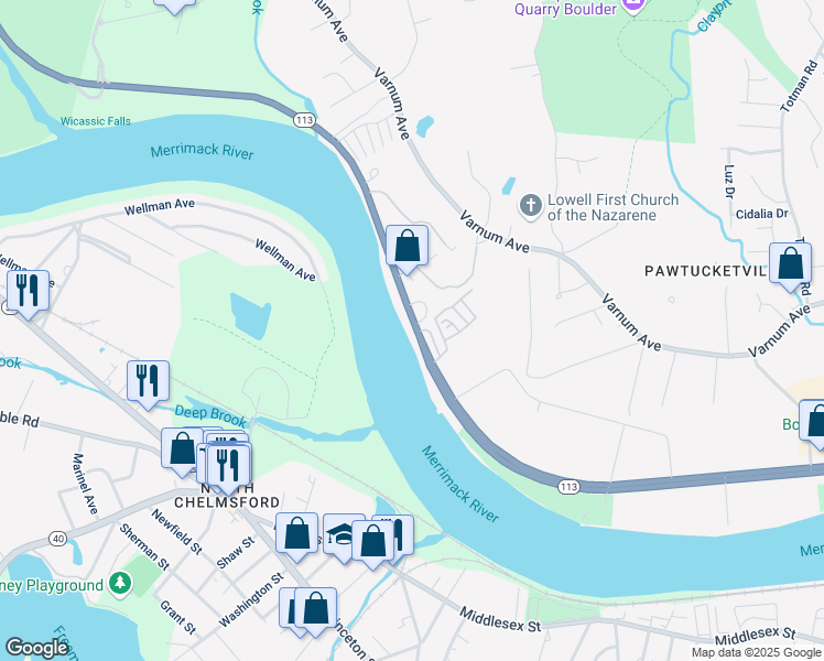 map of restaurants, bars, coffee shops, grocery stores, and more near 1251 Pawtucket Boulevard in Lowell