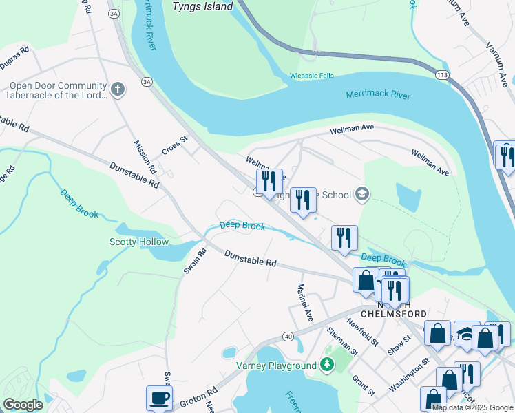 map of restaurants, bars, coffee shops, grocery stores, and more near 112 Tyngsboro Road in Chelmsford