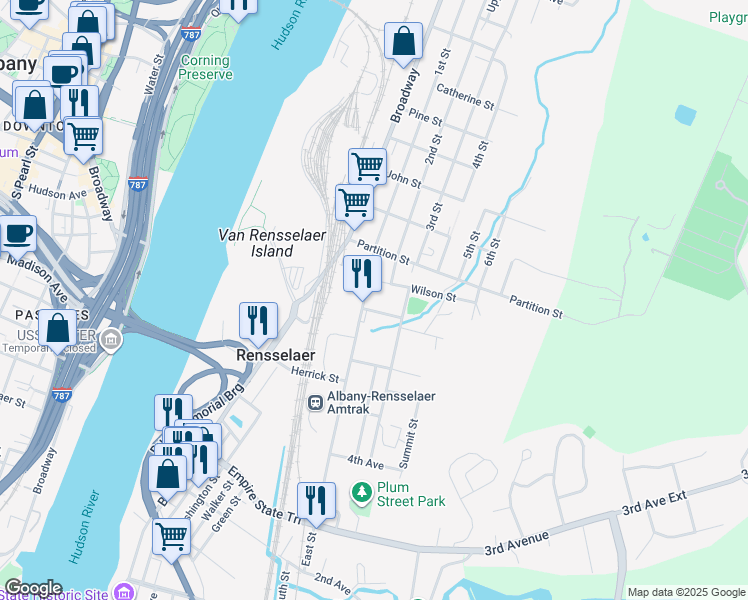 map of restaurants, bars, coffee shops, grocery stores, and more near 742 East Street in Rensselaer
