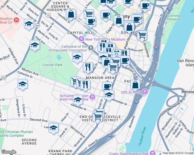 map of restaurants, bars, coffee shops, grocery stores, and more near 3.5 Wilbur Street in Albany
