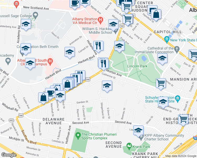 map of restaurants, bars, coffee shops, grocery stores, and more near 205 Delaware Avenue in Albany