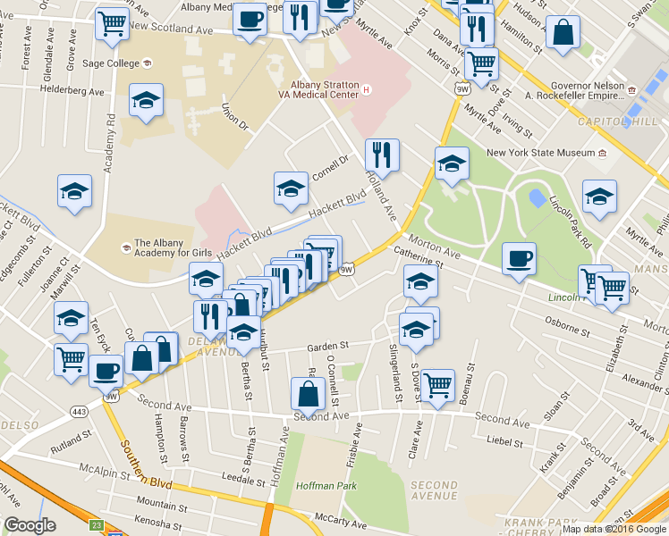 map of restaurants, bars, coffee shops, grocery stores, and more near in Albany