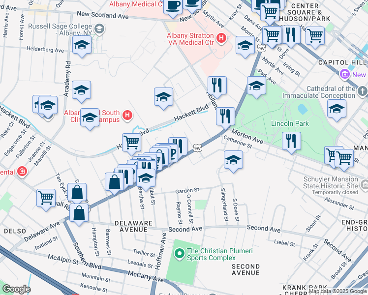 map of restaurants, bars, coffee shops, grocery stores, and more near in Albany