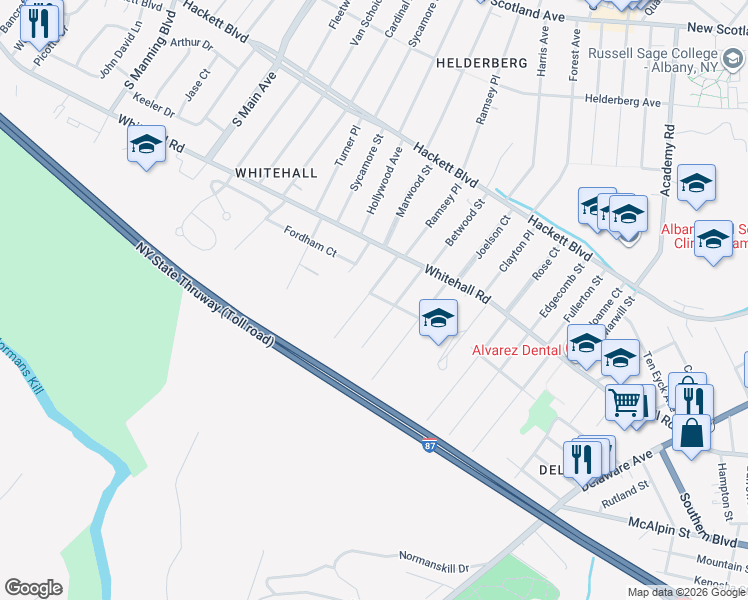 map of restaurants, bars, coffee shops, grocery stores, and more near 17 Carlisle Court in Albany