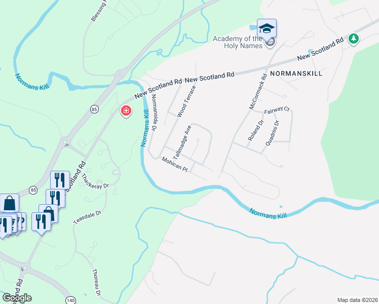 map of restaurants, bars, coffee shops, grocery stores, and more near 11 Tioga Terrace in Albany
