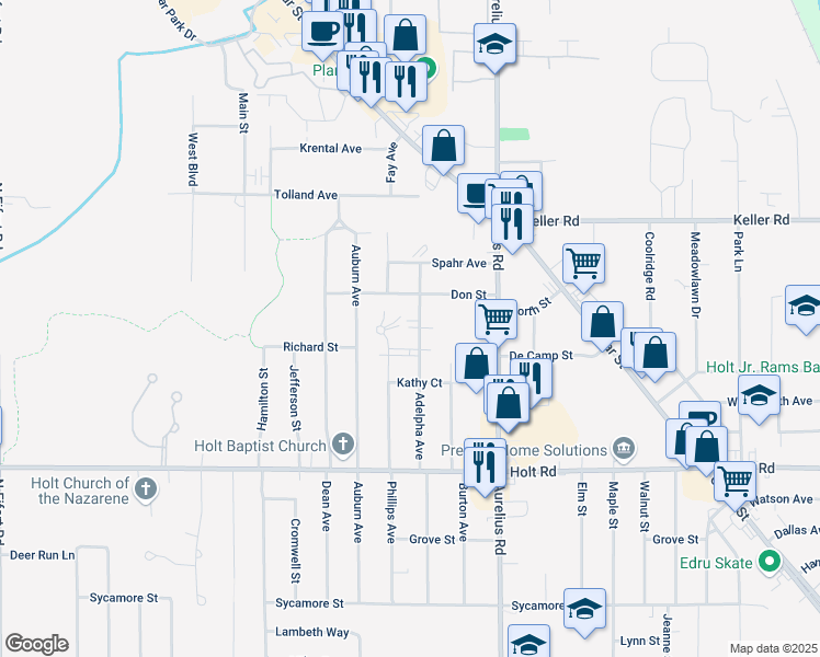 map of restaurants, bars, coffee shops, grocery stores, and more near 4573 Don Street in Delhi charter Township