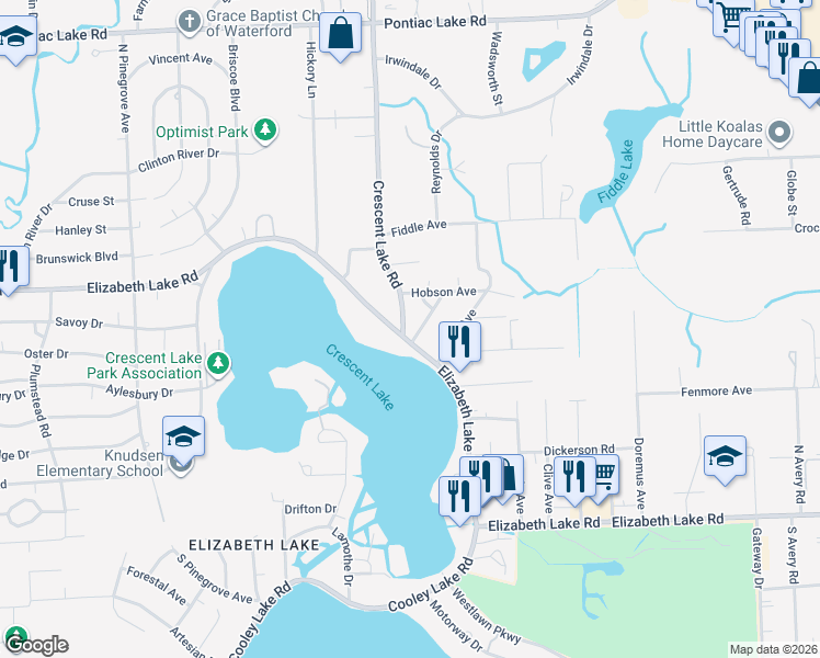 map of restaurants, bars, coffee shops, grocery stores, and more near 235 Crescent Lake Road in Waterford Township
