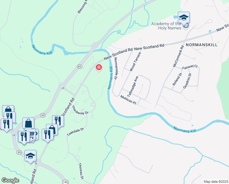 map of restaurants, bars, coffee shops, grocery stores, and more near 40 Normanside Drive in Albany