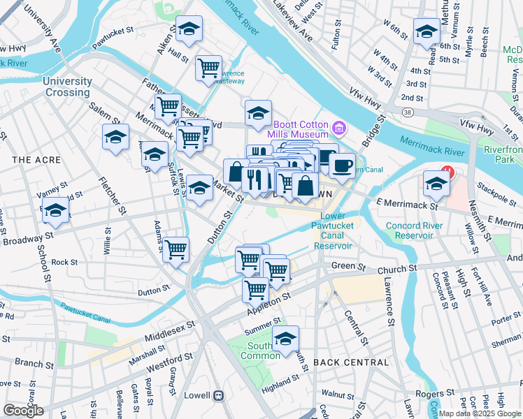 map of restaurants, bars, coffee shops, grocery stores, and more near 256 Market Street in Lowell