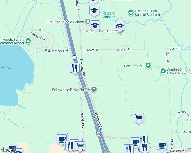 map of restaurants, bars, coffee shops, grocery stores, and more near 2828 Hartland Road in Hartland