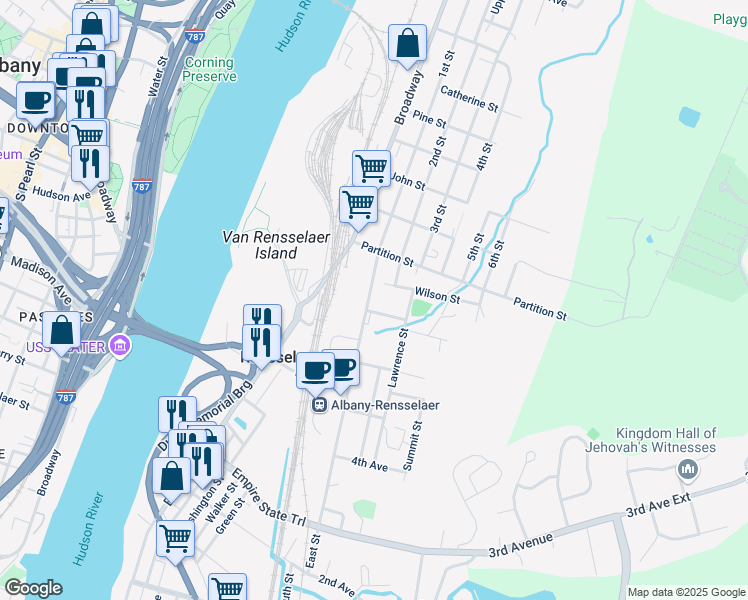 map of restaurants, bars, coffee shops, grocery stores, and more near 718 East Street in Rensselaer