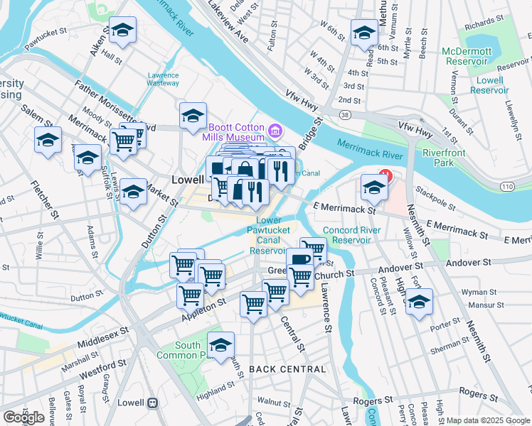 map of restaurants, bars, coffee shops, grocery stores, and more near 29-31 Central Street in Lowell
