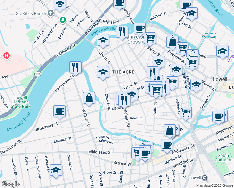 map of restaurants, bars, coffee shops, grocery stores, and more near 201 School Street in Lowell