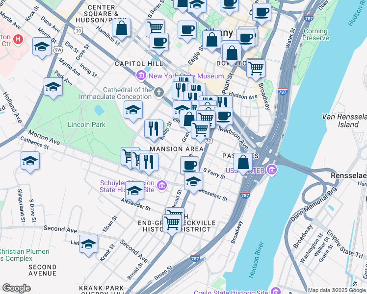 map of restaurants, bars, coffee shops, grocery stores, and more near 3.5 Wilbur Street in Albany