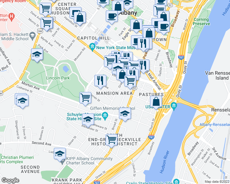 map of restaurants, bars, coffee shops, grocery stores, and more near 3.5 Wilbur Street in Albany