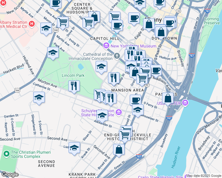 map of restaurants, bars, coffee shops, grocery stores, and more near 67 Park Avenue in Albany