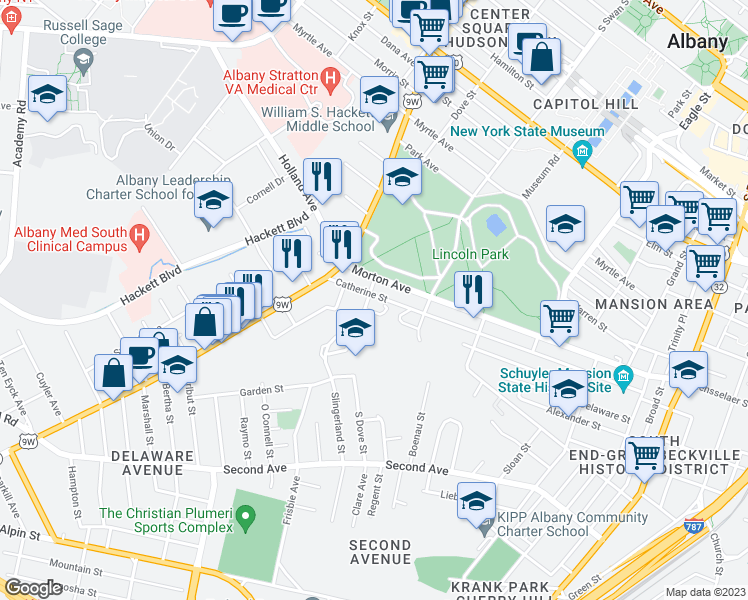 map of restaurants, bars, coffee shops, grocery stores, and more near 266 Morton Avenue in Albany