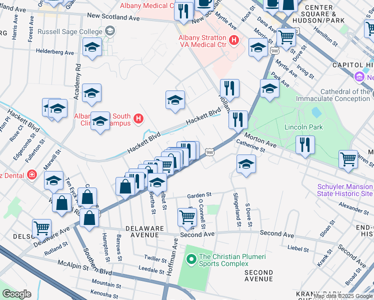 map of restaurants, bars, coffee shops, grocery stores, and more near 23 Magnolia Terrace in Albany