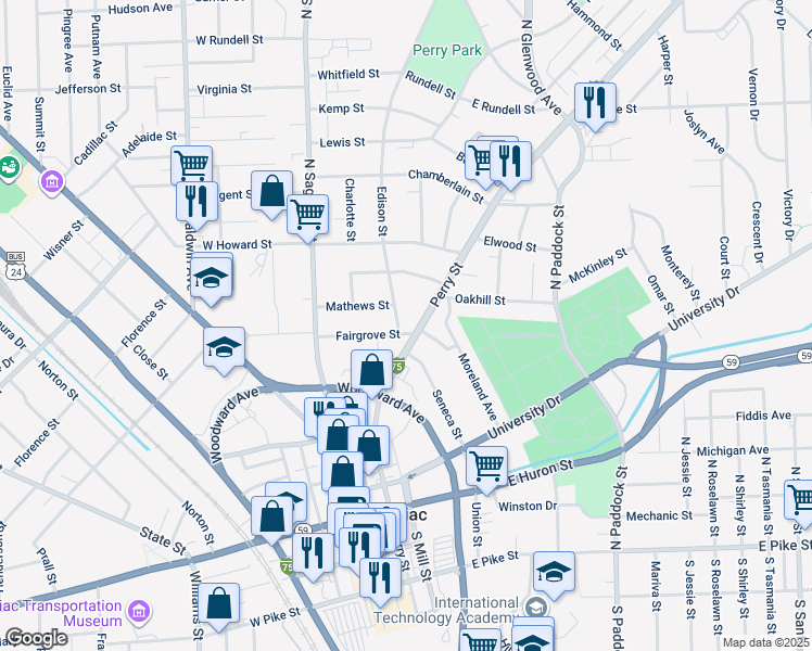 map of restaurants, bars, coffee shops, grocery stores, and more near 24 Edison Street in Pontiac
