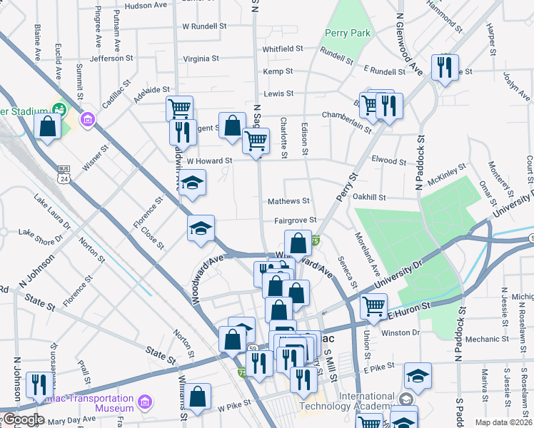map of restaurants, bars, coffee shops, grocery stores, and more near 19 Mathews Street in Pontiac