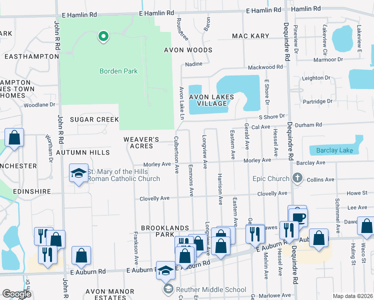map of restaurants, bars, coffee shops, grocery stores, and more near 2370 Emmons Avenue in Rochester Hills