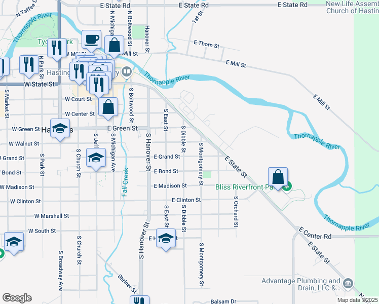map of restaurants, bars, coffee shops, grocery stores, and more near 620 East Walnut Street in Hastings