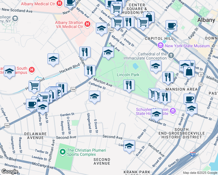 map of restaurants, bars, coffee shops, grocery stores, and more near 234 Morton Avenue in Albany
