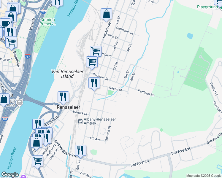 map of restaurants, bars, coffee shops, grocery stores, and more near 24 Wilson Street in Rensselaer