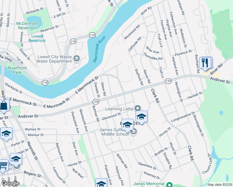 map of restaurants, bars, coffee shops, grocery stores, and more near 20 Rivercliff Road in Lowell